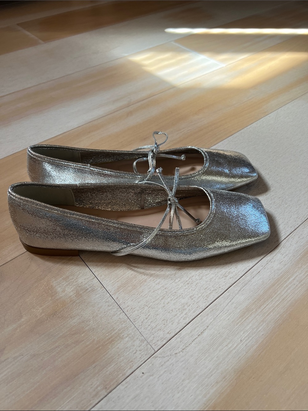 Zara Metallic Silver Ballet Flats with Cross Tie